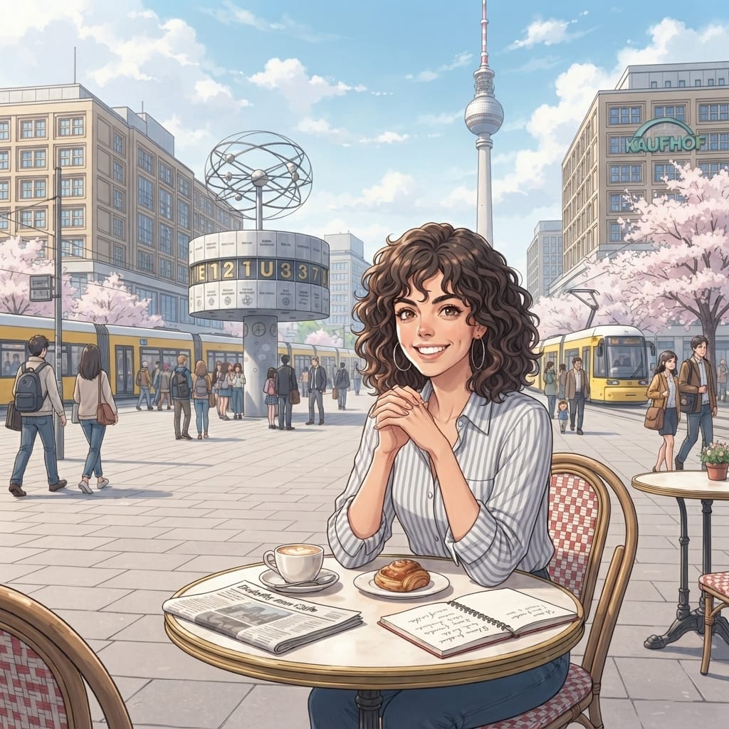 Karmel Salah at a café on Alexanderplatz, Berlin (illustration)